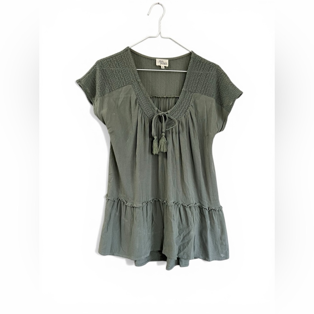Smocked Yoke Olive Peasant Tunic with Tassel Tie